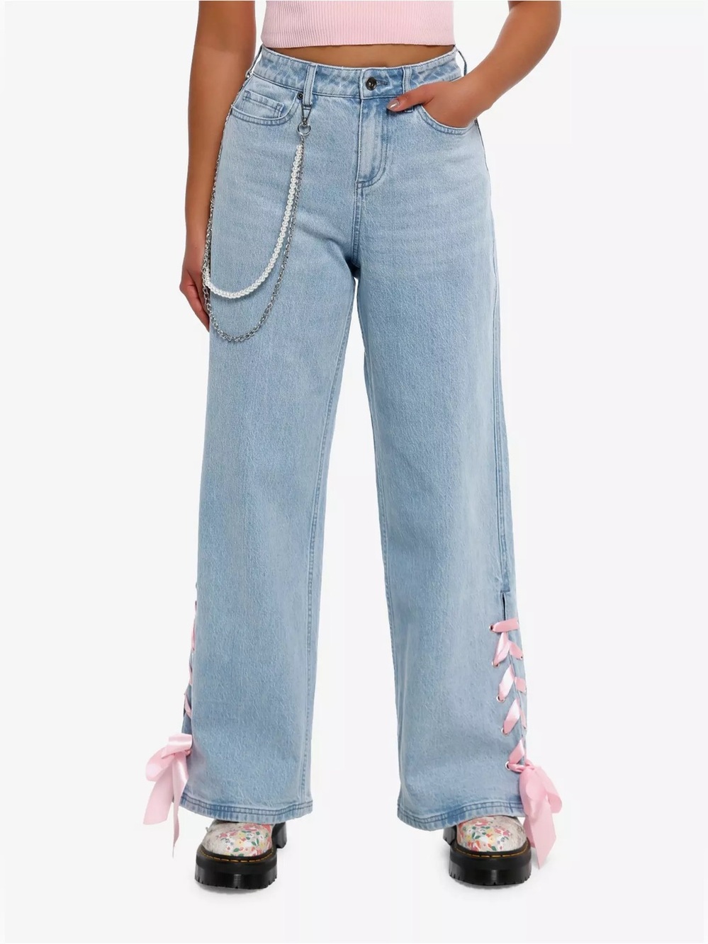 Hot Topic Sweet Society Pink Ribbon Heart shaped pockets Wide Leg Jeans L 11
